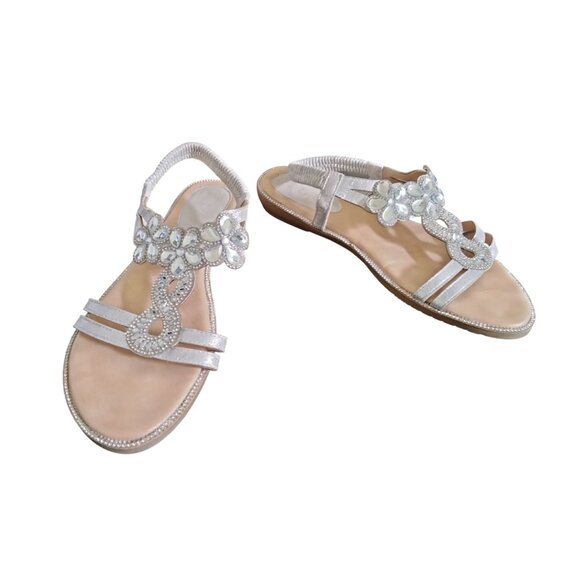 Open Toe Crystal with Rhinestone Beaded Bohemian Sandals Silver Size 40 (9.5) - Picture 2 of 9